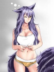 Rule 34 | 1girl, absurdres, alternate hairstyle, animal ears, arknights, breasts, cleavage, collarbone, cowboy shot, gradient background, grey background, hair down, highres, kilroylw, long hair, medium breasts, messy hair, midriff, navel, one eye closed, provence (arknights), short shorts, shorts, solo, strapless, tail, tube top, white tube top, wolf ears, wolf girl, wolf tail, yellow eyes, yellow shorts