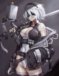 Rule 34 | 1girl, adapted costume, belt, black blindfold, black gloves, black hairband, black jacket, black thighhighs, black vest, blindfold, breasts, character name, chest strap, cleavage, commentary, covered eyes, covered navel, drone, elbow gloves, english commentary, fingerless gloves, gloves, grey hair, hairband, hand in pocket, highres, holding, holding sword, holding weapon, holster, jacket, katana, large breasts, leotard, loose belt, making-of available, mole, mole under mouth, multiple belts, nevoangelo arm, nier (series), nier:automata, off shoulder, pale skin, plunging neckline, pod (nier:automata), short hair, skindentation, solo focus, sword, thigh holster, thighhighs, thighs, vest, virtuous contract, weapon, white leotard, 2b (nier:automata)