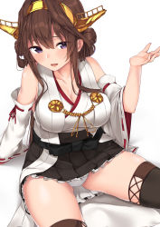 Rule 34 | 1girl, :d, absurdres, bare shoulders, black skirt, black thighhighs, boots, breasts, brown hair, detached sleeves, double bun, hair bun, hairband, headgear, highres, hinacalibur, japanese clothes, kantai collection, kongou (kancolle), large breasts, long hair, nontraditional miko, open mouth, panties, pantyshot, pleated skirt, purple eyes, ribbon-trimmed sleeves, ribbon trim, simple background, sitting, skirt, smile, solo, thigh boots, thighhighs, underwear, white background, wide sleeves