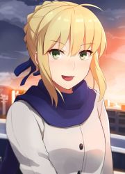 Rule 34 | 1girl, ahoge, artoria pendragon (all), artoria pendragon (fate), blonde hair, blue scarf, coat, fate/stay night, fate (series), green eyes, hair ribbon, jpeg artifacts, looking at viewer, official alternate costume, open mouth, prime, ribbon, saber (fate), scarf, short hair, solo, sunset, upper body, winter clothes, winter coat
