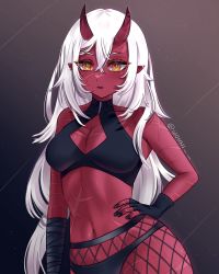 Rule 34 | 1girl, absurdres, akumi (yoclesh), black nails, breastscleavage, colored skin, fingerless gloves, fishnets, gloves, highres, horns, indie virtual youtuber, long hair, nail polish, oni, pointy ears, red skin, scar, scar on arm, scar on chest, scar on face, scar on stomach, solo, virtual youtuber, white hair, wonnikon, yellow eyes