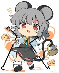 Rule 34 | !, !!, 1girl, animal, animal ears, black dress, black footwear, blush, capelet, cheese, commentary, dowsing rod, dress, food, grey capelet, grey hair, highres, jewelry, long sleeves, mouse (animal), mouse ears, nazrin, open mouth, pendant, ramudia (lamyun), red eyes, shoes, short hair, simple background, socks, solo, touhou, white background, white socks