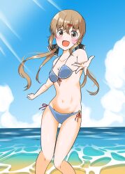 Rule 34 | 1girl, alternate costume, bikini, black ribbon, blue bikini, breasts, brown eyes, brown hair, cleavage, commentary request, feet out of frame, front-tie bikini top, front-tie top, hair ribbon, highres, kantai collection, light rays, long hair, low twintails, medium breasts, ribbon, satetsu (satetsu3135), side-tie bikini bottom, smile, solo, sunbeam, sunlight, swimsuit, tashkent (kancolle), twintails