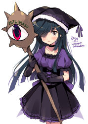 Rule 34 | 1girl, alternate costume, black gloves, black hair, black skirt, blush, brown eyes, collarbone, cowboy shot, dated, gloves, hair over one eye, hayashimo (kancolle), holding, kantai collection, long hair, odawara hakone, one-hour drawing challenge, open mouth, pleated skirt, puffy short sleeves, puffy sleeves, short sleeves, simple background, skirt, solo, twitter username, white background