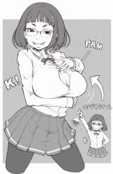 Rule 34 | 1girl, breast expansion, breasts, bursting breasts, cleavage, female focus, flask, gigantic breasts, glasses, greyscale, grin, ina (gokihoihoi), looking at viewer, monochrome, pantyhose, popped button, short hair, sketch, smile, solo