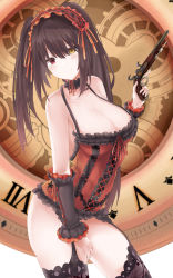 Rule 34 | 1girl, absurdres, alternate breast size, arm warmers, bare shoulders, black choker, black thighhighs, blurry, blush, breasts, brown hair, choker, cleavage, closed mouth, commentary request, contrapposto, cowboy shot, cross-laced clothes, date a live, depth of field, dress, frilled choker, frilled dress, frills, garter straps, gears, gun, gun request, hair between eyes, halter dress, halterneck, hand up, handgun, head tilt, headdress, heterochromia, highres, holding, holding gun, holding weapon, lace, lace-trimmed legwear, lace trim, large breasts, long hair, looking at viewer, red dress, red eyes, red ribbon, ribbon, ru zhai, sidelocks, smile, solo, standing, thighhighs, thighs, tokisaki kurumi, trigger discipline, twintails, weapon, white background, yellow eyes