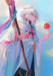 Rule 34 | 1boy, ahoge, apple, bishounen, black pants, center frills, cloud, fate/grand order, fate (series), flower, flower knot, food, frills, fruit, hair between eyes, hair ornament, highres, holding, holding food, holding fruit, holding staff, holding weapon, hood, hood down, hooded robe, long hair, long sleeves, looking to the side, male focus, merlin (fate), multicolored hair, pants, parted lips, petals, pink ribbon, pofu31, red eyes, ribbon, robe, sky, solo, staff, tassel, turtleneck, two-tone hair, very long hair, weapon, white hair, white robe, wide sleeves
