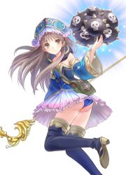 Rule 34 | 1girl, ass, atelier (series), atelier totori, bare shoulders, blue leotard, blue sleeves, brown eyes, brown hair, closed mouth, detached sleeves, dress, foot out of frame, hair ornament, hat, legs, leotard, long hair, looking at viewer, official art, skirt, smile, solo, thighhighs, totooria helmold, white background