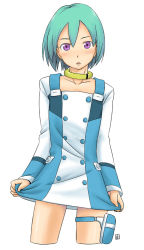 Rule 34 | 00s, 1girl, :o, aqua hair, blush, buttons, cowboy shot, curtsey, dress, eureka (eureka seven), eureka seven, eureka seven (series), flat chest, green hair, hair between eyes, holster, jewelry, looking at viewer, neck ring, necklace, open mouth, parted bangs, purple eyes, short dress, short hair, signature, simple background, solo, standing, thigh holster, thigh strap, white background