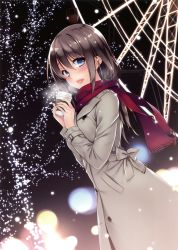 Rule 34 | 1girl, :d, absurdres, artist request, blue eyes, blush, brown hair, coat, ferris wheel, grey coat, hair between eyes, highres, holding, long hair, looking at viewer, night, open mouth, original, outdoors, red scarf, scarf, smile, solo, standing, steam