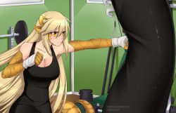 Rule 34 | 1girl, bad id, bad pixiv id, bandaged hand, bandages, bare shoulders, black dress, black shirt, blonde hair, breasts, cleavage, closed mouth, commission, dress, gym, hair between eyes, hair ornament, hairclip, lamia, large breasts, lindaroze, long hair, looking to the side, monster girl, original, punching, punching bag, scales, shirt, sleeveless, sleeveless shirt, solo, sweat, tail, training, very long hair, watermark, web address, yellow eyes