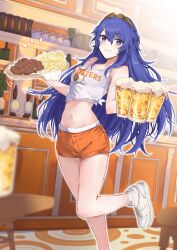 Rule 34 | 1girl, alcohol, alternate costume, bare shoulders, beer, beer mug, blue eyes, blue hair, blush, boned meat, chips (food), clothes writing, commentary request, crop top, cup, fire emblem, fire emblem awakening, food, foot out of frame, highres, holding, holding cup, holding tray, hooters, indoors, long hair, looking at viewer, lucina (fire emblem), meat, midriff, mug, navel, nintendo, orange shorts, potato chips, shoes, short shorts, shorts, smile, sneakers, solo, standing, standing on one leg, stomach, tank top, thighs, tiara, tray, very long hair, waitress, white footwear, white tank top, yuuri (orz commushows)