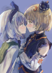 Rule 34 | 2girls, bare shoulders, blonde hair, blush, clenched teeth, crescent, crescent hair ornament, crossed arms, eye contact, fetal position, hair ornament, hair ribbon, hat, highres, imminent kiss, konpaku youmu, looking at another, lunasa prismriver, multiple girls, ribbon, silver hair, teeth, touhou, upper body, yohane, yuri