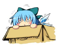 Rule 34 | 1girl, amazon (company), blue hair, blush stickers, box, cirno, do (4-rt), female focus, hair ribbon, ice, ice wings, o o, ribbon, solo, touhou, white background, wings