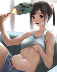 Rule 34 | 1girl, backlighting, blush, breasts, brown hair, clothes lift, collarbone, commission, couch, covered erect nipples, fang, grey shorts, hand fan, highres, holding, holding fan, indoors, lifted by self, medium breasts, navel, on couch, open clothes, open fly, open mouth, open shorts, original, panties, panty peek, pink panties, pixiv commission, ponytail, shirt, shirt lift, short hair, short ponytail, shorts, sitting, solo, stomach, tama (tamago), tank top, unbuttoned, underwear, wet, wet clothes, wet shirt, white shirt