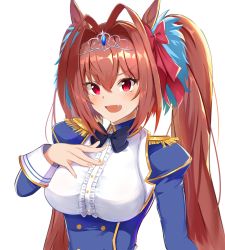Rule 34 | 1girl, :d, animal ears, black bow, black bowtie, blue jacket, blush, bow, bowtie, commentary request, daiwa scarlet (umamusume), epaulettes, fang, fingernails, gao kawa, hair intakes, hair ornament, hair ribbon, hand on own chest, highres, horse ears, horse girl, jacket, long hair, long sleeves, looking at viewer, open mouth, red eyes, red ribbon, ribbon, shirt, smile, solo, tiara, twintails, umamusume, white shirt