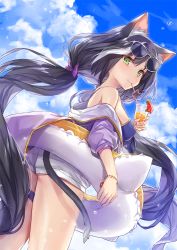 Rule 34 | 1girl, animal ear fluff, animal ears, bare shoulders, black hair, blue sky, bow, bracelet, breasts, cat ears, cat tail, closed mouth, cloud, cloudy sky, cowboy shot, cup, day, drinking glass, drinking straw, eyewear on head, flower, from side, front-tie top, green eyes, hair bow, holding, holding cup, innertube, jacket, jewelry, karyl (princess connect!), karyl (summer) (princess connect!), long hair, looking at viewer, low twintails, medium breasts, multicolored hair, off shoulder, open clothes, open jacket, outdoors, princess connect!, purple bow, purple jacket, red flower, short shorts, short sleeves, shorts, sky, solo, standing, sunglasses, swim ring, tail, thigh strap, thighs, tropical drink, twintails, two-tone hair, very long hair, water drop, white hair, white shorts, yuzuki karu