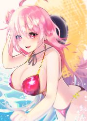 Rule 34 | 1girl, :d, absurdres, bikini, blush, breasts, cleavage, collarbone, commentary request, hair between eyes, hat, highres, large breasts, long hair, open mouth, pink bikini, pink eyes, pink hair, rasis, satanaka kuroha, smile, solo, sound voltex, straw hat, swimsuit, teeth, upper teeth only, water drop, wet