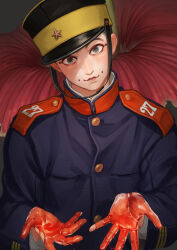 Rule 34 | 1boy, absurdres, black hat, blood, blood on hands, buzz cut, flower, golden kamuy, hat, highres, imperial japanese army, kepi, long sleeves, looking at viewer, male focus, military, military hat, military uniform, reman kamuy, short hair, solo, uniform, upper body, usami tokishige, very short hair