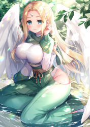 Rule 34 | 1girl, ainu clothes, aquaplus, blonde hair, blue eyes, blush, breasts, cleavage, cleavage cutout, clothing cutout, covered erect nipples, curvy, eyelashes, eyes visible through hair, feathered wings, full body, gradient eyes, green scarf, highres, hip vent, in water, large breasts, large wings, leaf, leotard, leotard under clothes, light particles, light rays, long hair, long sleeves, looking at viewer, mitsuba choco, multicolored eyes, official art, outdoors, parted bangs, parted lips, raised eyebrows, scarf, shiny clothes, shoes, sideboob, sidelocks, sitting, smile, solo, taut clothes, taut leotard, thick thighs, thighs, ulthury, utawarerumono, utawarerumono: lost flag, utawarerumono: lost flag support illustration relay, very long hair, water, wet, wet clothes, wings