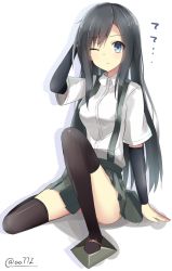 Rule 34 | 10s, 1girl, a.a (aa772), arm warmers, asashio (kancolle), bad id, bad pixiv id, black hair, black thighhighs, blue eyes, hand on own head, kantai collection, long hair, one eye closed, pleated skirt, school uniform, serafuku, sitting, skirt, solo, suspenders, thighhighs, white background
