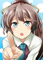 Rule 34 | 10s, 1girl, blue background, blue eyes, brown hair, collared shirt, eyebrows, highres, kamelie, kantai collection, kazagumo (kancolle), leaning forward, long hair, looking at viewer, necktie, open mouth, pointing, pointing at viewer, ponytail, shirt, solo, vest, white shirt