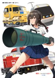 Rule 34 | 1girl, absurdres, anchor symbol, black socks, blue skirt, blush, braid, brown eyes, brown hair, camera, highres, holding, holding camera, ichikawa feesu, isonami (kancolle), kantai collection, long hair, open mouth, pleated skirt, shirt, short sleeves, simple background, skirt, socks, solo, train, translation request, twin braids, white background, white shirt