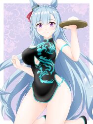 Rule 34 | 1girl, absurdres, alternate costume, animal ears, baozi, bare shoulders, black dress, black footwear, blue hair, border, braid, breasts, china dress, chinese clothes, cleavage cutout, clothing cutout, commentary request, crown braid, dress, ear ornament, food, gurukorian, highres, holding, holding tray, horse ears, horse girl, horse tail, large breasts, light blue hair, long hair, looking at viewer, mejiro ardan (umamusume), outside border, purple background, purple eyes, simple background, smile, solo, standing, standing on one leg, tail, tray, umamusume, underboob cutout, very long hair, white border