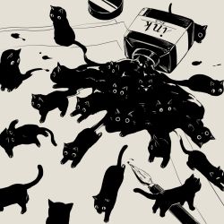 Rule 34 | animal, animal focus, avogado6, black cat, blending, bottle, cat, commentary, english commentary, nib pen (object), greyscale, ink, ink bottle, monochrome, no humans, original, paper, pen, spill, surreal, too many, too many cats