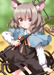 Rule 34 | 1girl, animal, animal ears, black dress, blue capelet, blush, capelet, cowboy shot, dowsing rod, dress, grey hair, hair between eyes, highres, jewelry, long sleeves, mouse (animal), mouse ears, mouse tail, nazrin, parted lips, pendant, red eyes, ruu (tksymkw), short hair, solo, tail, touhou