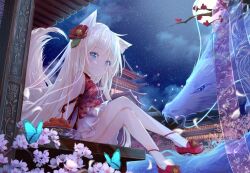 Rule 34 | 1girl, animal ears, blonde hair, blue eyes, bug, butterfly, china dress, chinese clothes, closed mouth, dragon, dress, flower, hair flower, hair ornament, insect, long hair, looking at viewer, nekomia, night, night sky, original, peas (peas0125), sky, solo