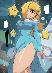 Rule 34 | !, 1girl, absurdres, adapted costume, bare shoulders, blonde hair, blue dress, blue eyes, blush stickers, breasts, cleavage, collarbone, cowboy shot, crown, dress, earrings, grin, hair over one eye, heart, highres, jewelry, large breasts, long hair, long sleeves, looking at viewer, luma (mario), mario (series), night, night sky, nintendo, rosalina, shiny skin, side slit, sky, smile, sparkle, speech bubble, spoken heart, standing, star (sky), starry sky, super mario galaxy, teeth, thick thighs, thighs, tony welt