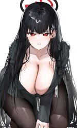 Rule 34 | 1girl, black hair, black pantyhose, blue archive, blunt bangs, blush, breasts, cleavage, collarbone, hair ornament, hairclip, halo, highres, jacket, large breasts, long hair, long sleeves, looking at viewer, pantyhose, pleated skirt, poharo, red eyes, rio (blue archive), skirt, solo, very long hair, white background