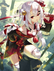 Rule 34 | absurdres, bamboo, bamboo forest, collarbone, commentary request, dual wielding, forest, hair between eyes, hair bun, highres, holding, hololive, horns, katana, long hair, looking at viewer, mask, nakiri ayame, nakiri ayame (1st costume), nature, oni mask, red eyes, scottie (phantom2), silver hair, single hair bun, skin-covered horns, solo, sword, thighhighs, tongue, tongue out, virtual youtuber, weapon, white thighhighs