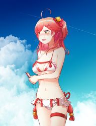 Rule 34 | 1girl, adapted costume, ahoge, bell, bikini, blue sky, blush, breasts, cellphone, cloud, flying sweatdrops, green eyes, groin, hair bell, hair ornament, highres, hololive, jingle bell, large breasts, legband, navel, one side up, open mouth, phone, pink hair, sakura miko, sky, smartphone, solo, swimsuit, tenbin gashira, virtual youtuber