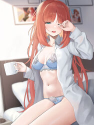 Rule 34 | 1girl, bed, blue bra, blue panties, blush, bra, breasts, cleavage, coffee, coffee mug, collarbone, collared shirt, cup, dress shirt, genshin impact, green eyes, highres, large breasts, long hair, long sleeves, looking at viewer, mug, navel, nilou (genshin impact), on bed, one eye closed, open clothes, open mouth, open shirt, panties, red hair, shirt, sidelocks, sitting, smile, solo, sp123, thighs, underwear, variant set, waking up, white shirt