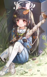 Rule 34 | 1girl, animal ears, bird, black gloves, black hair, blue archive, blunt bangs, blurry, commentary request, depth of field, fake animal ears, flower, gloves, grass, gun, hairband, halo, highres, holding, holding gun, holding weapon, knees up, leaf, leaf on head, long hair, long sleeves, looking at viewer, miyu (blue archive), hugging object, ohbuya, pantyhose, pleated skirt, rabbit ears, red eyes, rifle, school uniform, serafuku, sidelocks, sitting, skirt, sniper rifle, solo, trash can, weapon, white pantyhose