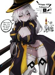 Rule 34 | 1girl, aesc (fate), aesc (fate) (cosplay), alternate costume, black gloves, breasts, cleavage, closed mouth, commentary, cosplay, crop top, english commentary, english text, fate/grand order, fate (series), gloves, highres, jamshrimpy, jeanne d&#039;arc alter (fate), large breasts, leaning forward, long hair, long sleeves, milestone celebration, shorts, solo, speech bubble, sweatdrop, thighhighs, ufc (food brand), white hair, white shorts, white thighhighs, yellow eyes
