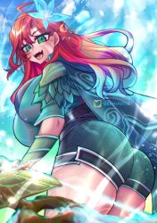 Rule 34 | alt text, artist name, ass, belt, bow, breasts, cape, dota (series), dota 2, fangs, flower, gauntlets, green eyes, hair flower, hair ornament, highres, huge breasts, looking at viewer, looking back, open mouth, osiimi, red hair, smile, solo, thighhighs, tongue, weapon, windranger (dota), zettai ryouiki