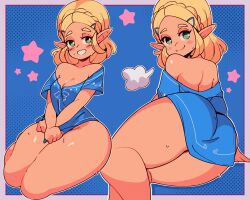 Rule 34 | 1girl, ass, blonde hair, blue background, blue shirt, blush, bottomless, braid, breasts, breath, cleavage, clothes pull, collarbone, green eyes, grin, hair ornament, hairclip, highres, huge ass, looking at viewer, lying, medium breasts, nintendo, pointy ears, princess zelda, shirt, shirt pull, short hair, short sleeves, sitting, smile, star (symbol), sweat, teeth, the legend of zelda, the legend of zelda: breath of the wild, the legend of zelda: tears of the kingdom, thick thighs, thighs, tiara miss tsu