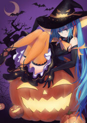 Rule 34 | 1girl, aqua eyes, aqua hair, bat (animal), black gloves, commentary request, crescent moon, dress, elbow gloves, full body, gloves, halloween, hat, hatsune miku, high heels, highres, jack-o&#039;-lantern, long hair, looking at viewer, moon, night, orange thighhighs, solo, tenmoon, thighhighs, tree, twintails, very long hair, vocaloid, witch hat