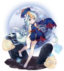 Rule 34 | 1girl, animal ears, aqua hair, azur lane, bandages, bare shoulders, barefoot, bell, blue dress, blue eyes, blue hat, closed mouth, copyright name, detached sleeves, dress, full body, full moon, ghost, grave, halloween, hat, jiangshi, jingle bell, long hair, long sleeves, looking at viewer, manjuu (azur lane), mikazuki (azur lane), mikazuki (sweet zombie) (azur lane), moon, obi, official alternate costume, official art, ofuda, outstretched arms, qingdai guanmao, sash, sleeves past fingers, sleeves past wrists, solo, standing, standing on one leg, tail, torn clothes, torn dress, torn sleeves, transparent background, tsukimi (xiaohuasan), very long hair, zombie pose