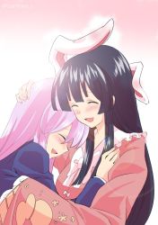 Rule 34 | 2girls, :d, ^ ^, animal ears, artist name, black hair, blazer, blush, bow, bowtie, closed eyes, ear blush, eyebrows, gradient background, hand on another&#039;s back, hand on another&#039;s chest, hand on another&#039;s head, happy, headpat, highres, hime cut, houraisan kaguya, hug, jacket, japanese clothes, kimono, laughing, lens flare, light purple hair, long hair, long sleeves, mana (gooney), multiple girls, open mouth, pink background, pink bow, pink bowtie, profile, purple hair, rabbit ears, reisen udongein inaba, simple background, smile, touhou, twitter username, upper body, very long hair, white background, wide sleeves, yuri