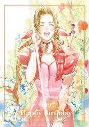 Rule 34 | 1girl, 2b fff, aerith gainsborough, bangle, border, bracelet, braid, braided ponytail, breasts, brown hair, buttons, choker, cleavage, closed eyes, cropped jacket, dated, dress, final fantasy, final fantasy vii, floral background, hair ribbon, happy birthday, holding, holding staff, jacket, jewelry, long hair, medium breasts, open mouth, parted bangs, pink dress, pink ribbon, puffy short sleeves, puffy sleeves, red jacket, ribbon, ribbon choker, short sleeves, sidelocks, single braid, sketch, smile, solo, staff, upper body