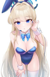 Rule 34 | 1girl, animal ears, blonde hair, blue archive, blue bow, blue bowtie, blue eyes, blue leotard, blush, bow, bowtie, breasts, cleavage, detached collar, fake animal ears, groin, halo, headset, highres, large breasts, leaning forward, leotard, looking at viewer, official alternate costume, rabbit ears, sakura ran, simple background, solo, strapless, strapless leotard, thighhighs, toki (blue archive), toki (bunny) (blue archive), white background, white thighhighs, wrist cuffs