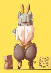 Rule 34 | 1girl, animal ear fluff, animal ears, artist name, ass, automatic giraffe, bag, blunt ends, burger, cat ears, cat girl, commentary, dated, eating, english commentary, fake animal ears, fast food, food, from behind, full body, grey hair, high heels, highres, holding, holding food, leotard, mcdonald&#039;s, nia (xenoblade), paper bag, playboy bunny, puffy cheeks, rabbit ears, short hair, solo, squatting, xenoblade chronicles (series), xenoblade chronicles 2, yellow background, yellow leotard