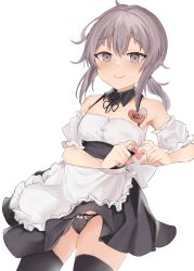 Rule 34 | 1girl, absurdres, apron, armpits, bare shoulders, black panties, black thighhighs, blush, brown hair, crossed bangs, detached sleeves, frilled apron, frills, girls&#039; frontline, heart, heart hands, highres, long hair, looking at viewer, m200 (girls&#039; frontline), maid, maid apron, messy hair, misaki150280, name tag, panties, ponytail, purple eyes, short sleeves, simple background, smile, solo, thighhighs, underwear, white background