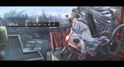Rule 34 | 1girl, animal ears, arknights, arrow (projectile), bag, black footwear, bow (weapon), cat ears, cat tail, character name, city, commentary request, copyright name, crossbow, from behind, highres, jacket, letterboxed, long hair, long sleeves, looking at viewer, looking back, nishizono shin, outdoors, ponytail, pouch, quiver, schwarz (arknights), see-through, shoes, silver hair, solo, squatting, star (symbol), tail, thigh strap, thighs, weapon, white jacket, yellow eyes