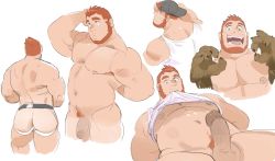 Rule 34 | 1boy, abs, ass, back, backwards hat, bara, bare pectorals, claw pose, clothes lift, collage, completely nude, covered erect nipples, fat, fat man, flaccid, hat, highres, jockstrap, large pectorals, lifted by self, male focus, male pubic hair, male underwear, multiple views, muscular, naked shirt, navel, navel hair, nipples, nude, orange hair, original, pectorals, penis, pubic hair, saltypoundcake, shirt, shirt lift, short hair, stomach, tank top, thick thighs, thighs, uncensored, underwear, werewolf, white male underwear, white tank top