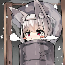 Rule 34 | 1girl, animal ears, blush, blush stickers, chibi, dated, drum (container), drum bath, fox ears, fox girl, fox tail, hair between eyes, hair up, nose blush, original, parted lips, red eyes, silver hair, solo, steam, stitches, tail, towel, towel on head, yuuji (yukimimi)